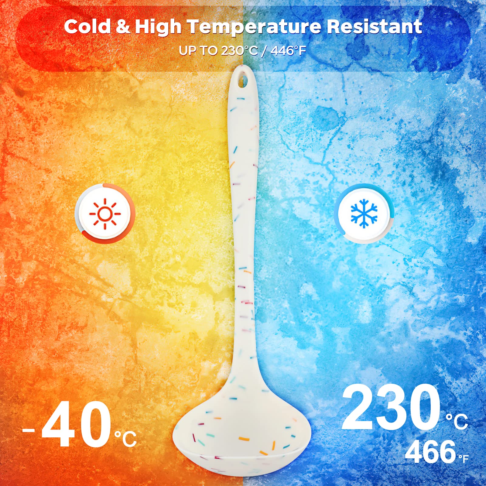 YuLohass grey silicone ladle highlighting heat-resistant handle for safe stirring