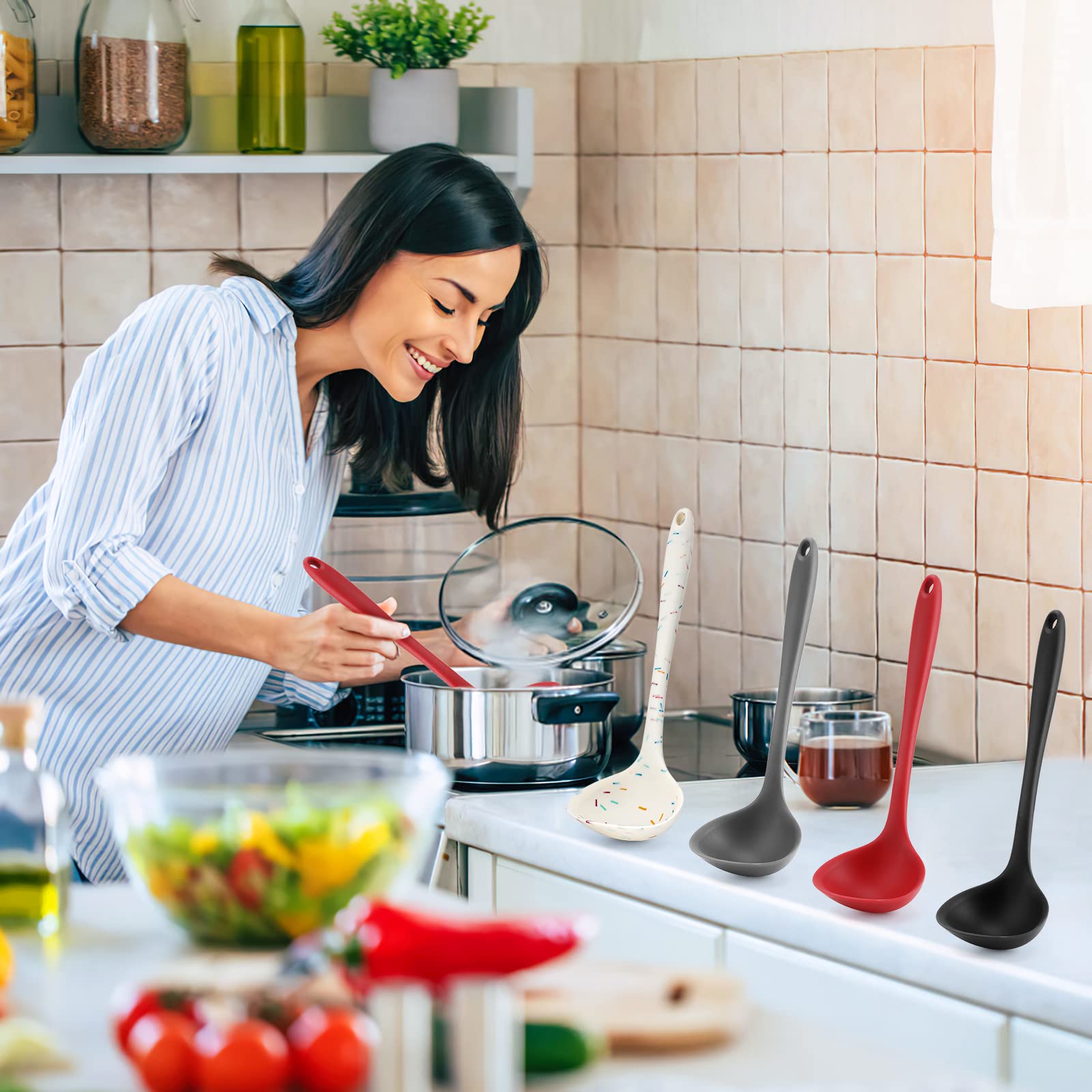 YuLohass red silicone ladle adding color and quick portioning for sauces