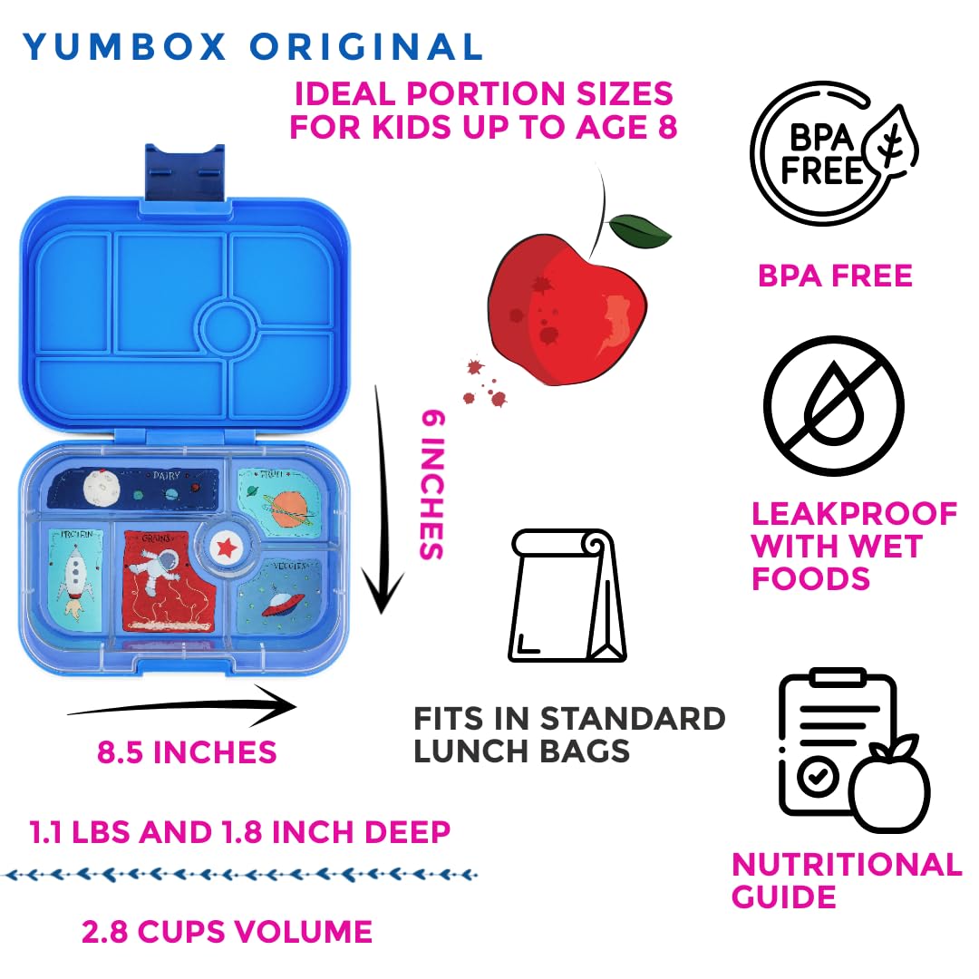 Yumbox Original five-compartment tray showing balanced meals for kids.