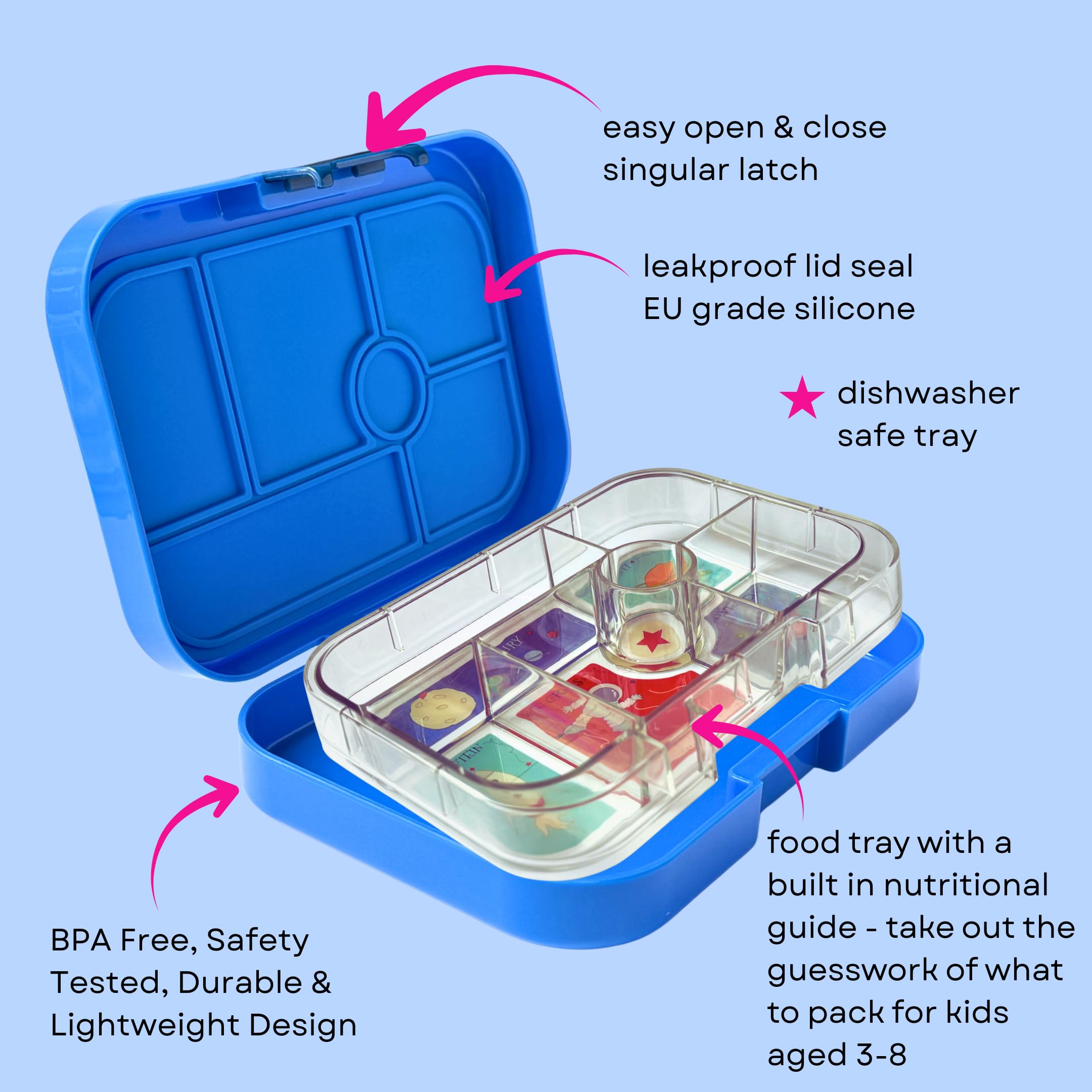 Yumbox Original removable tray simplifies packing and cleaning.
