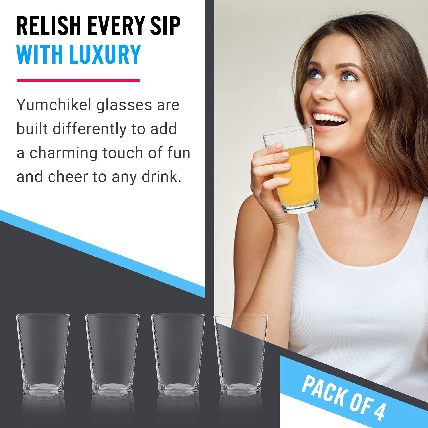 Yumchikel ribbed juice glasses close-up texture highlights secure grip
