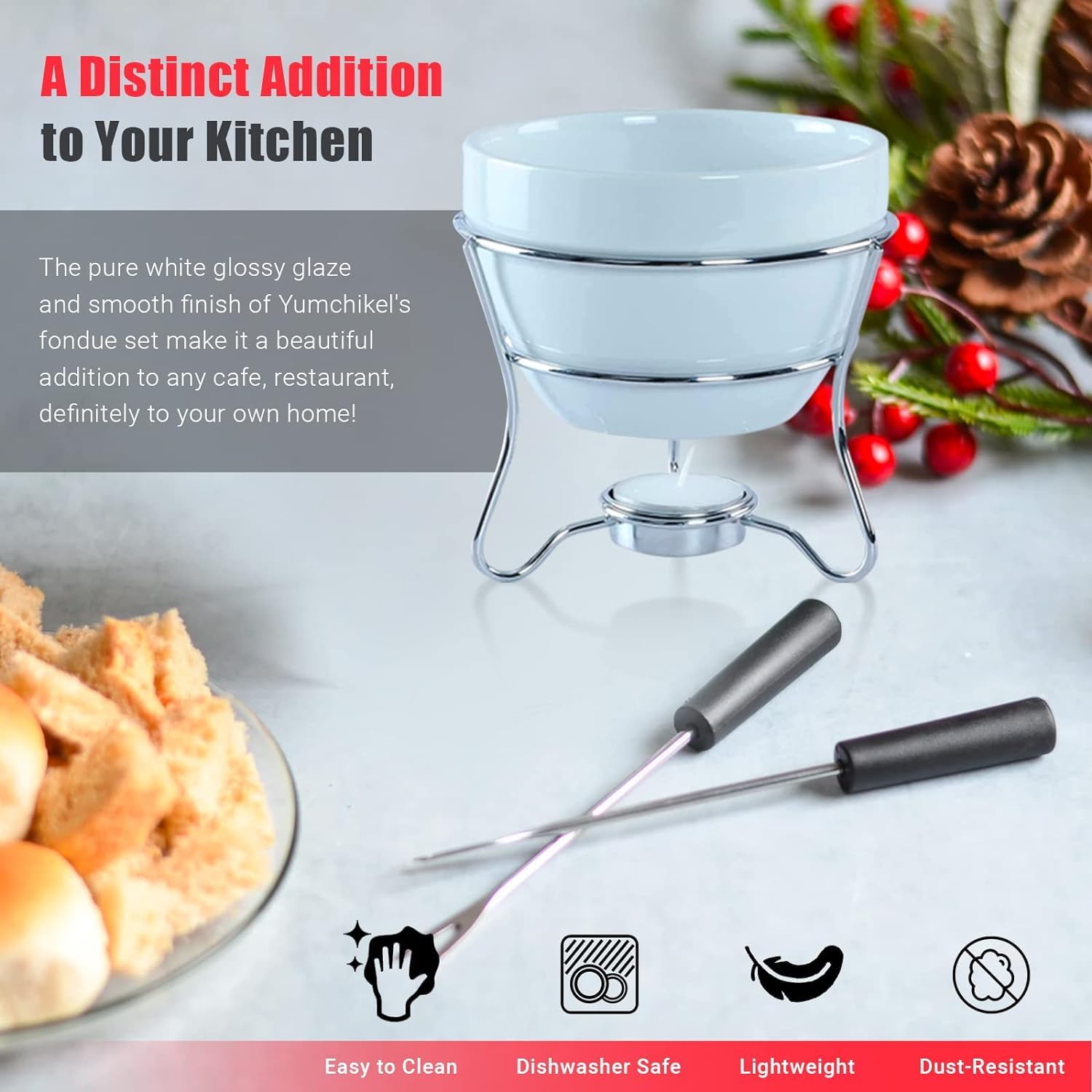 Yumchikel stainless steel warming stand provides steady heat.