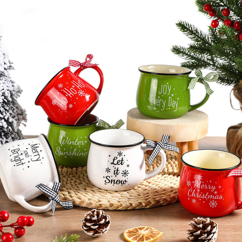 Yumiio 6-piece Christmas mugs set 12oz displayed on table for cozy cocoa moments.