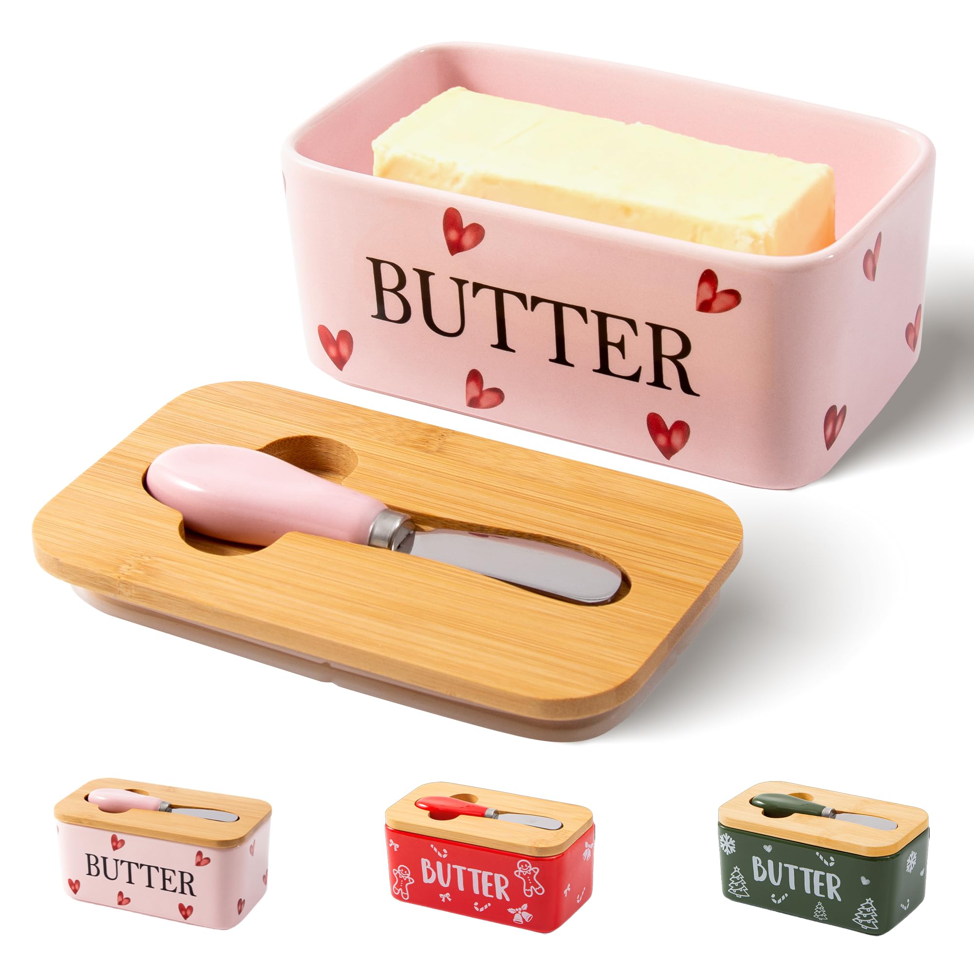 YumiPLUS pink heart design butter dish on counter keeps butter fresh and within reach