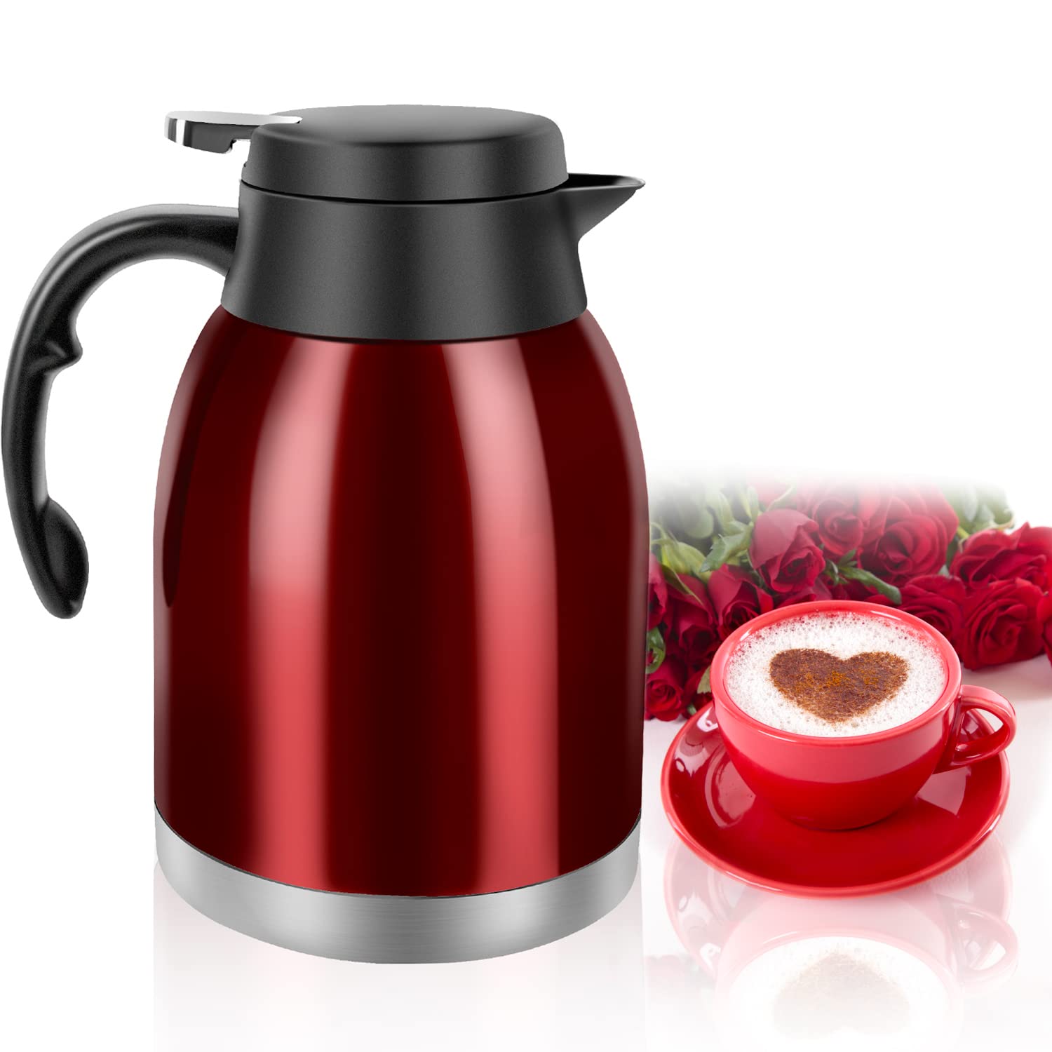Yummy Sam 54oz thermal carafe in bright red shown pouring with a splash-free spout.