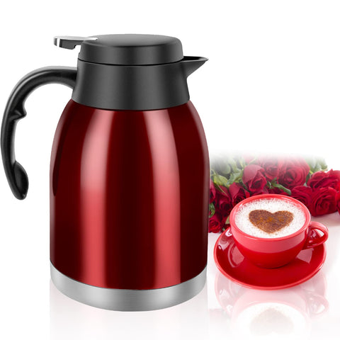 Yummy Sam 54oz thermal carafe in bright red shown pouring with a splash-free spout.