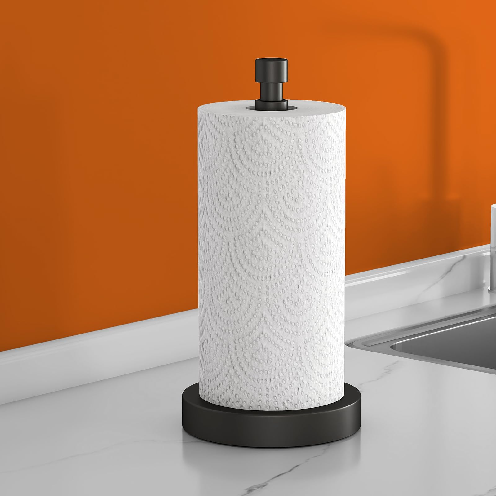 YUMORE standing paper towel holder in stainless matte black supports easy one-handed tearing.