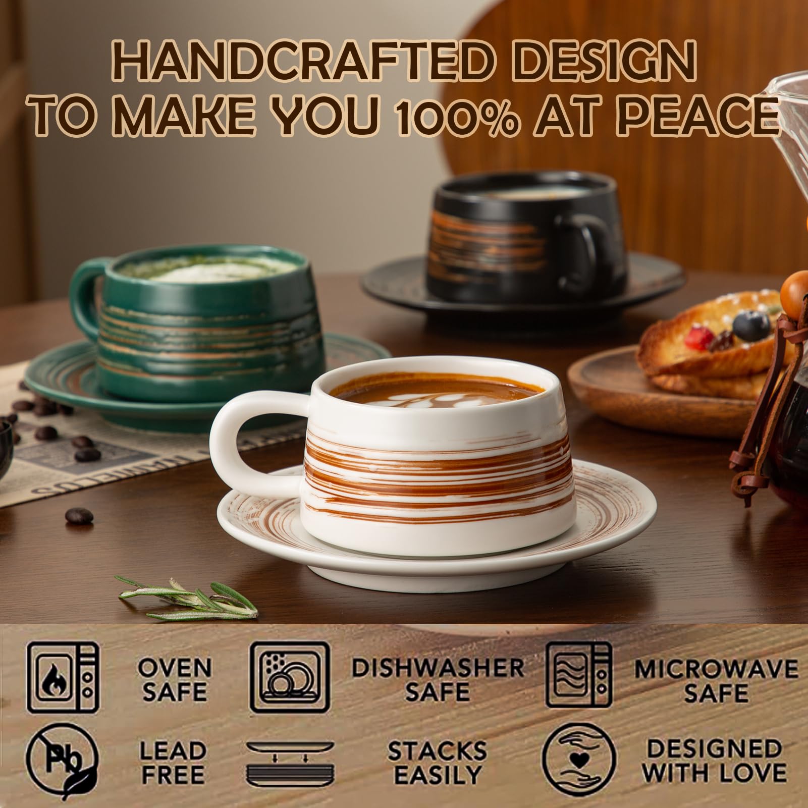 YUN TAO black matte cappuccino cups with saucers for elegant table presentation.