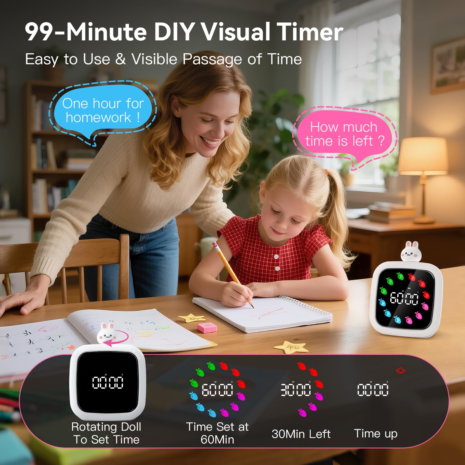 Yunbaoit digital visual timer display shows progress with color blocks.