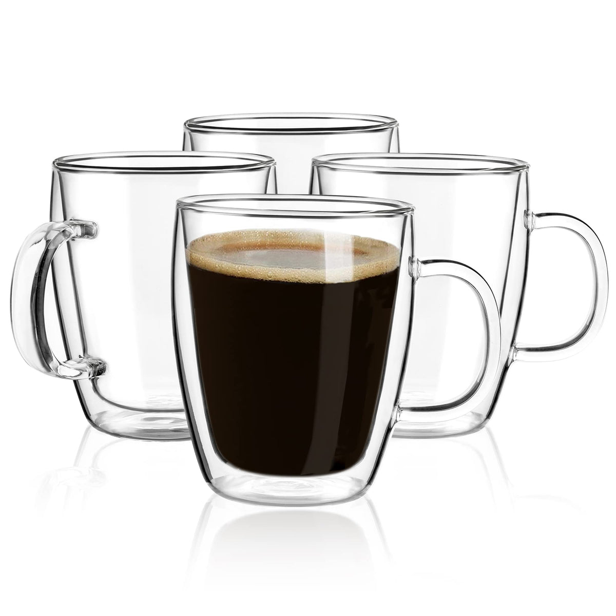 YUNCANG double-wall coffee mug 16oz, clear glass with handle keeps drinks hot while fingers stay cool.