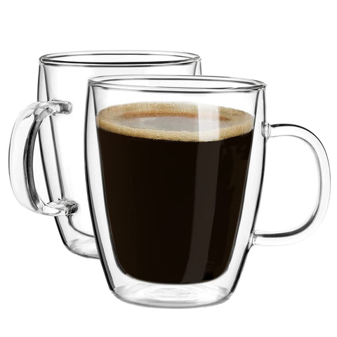 YUNCANG double-wall 16oz mug in clear glass keeps hot drinks warm.