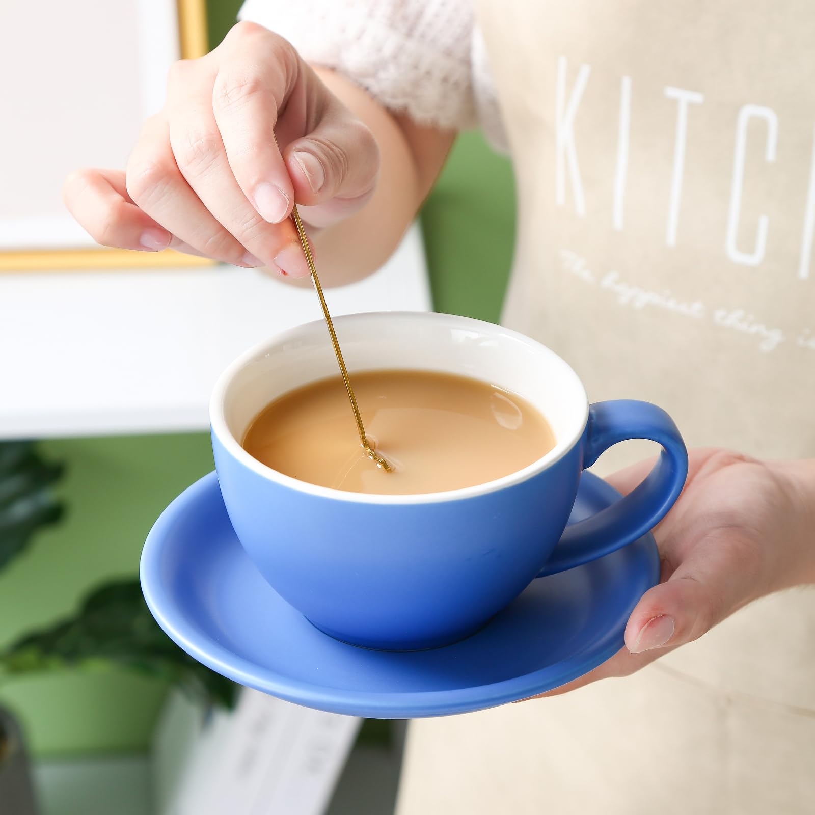 Yundu latte saucer blue accompanies blue cup and prevents spills