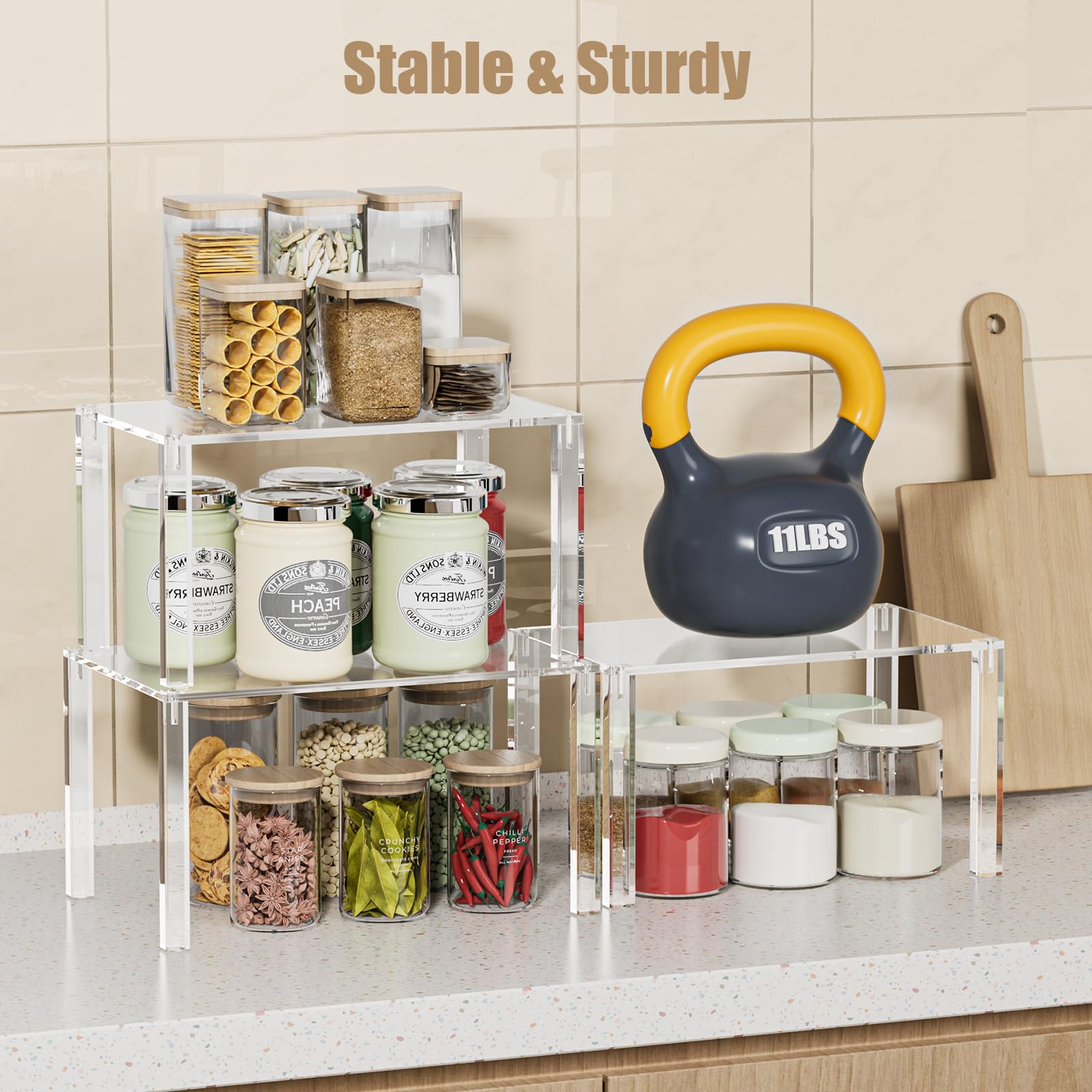 YUNEASELF acrylic shelf riser highlights pantry items while saving cabinet space.