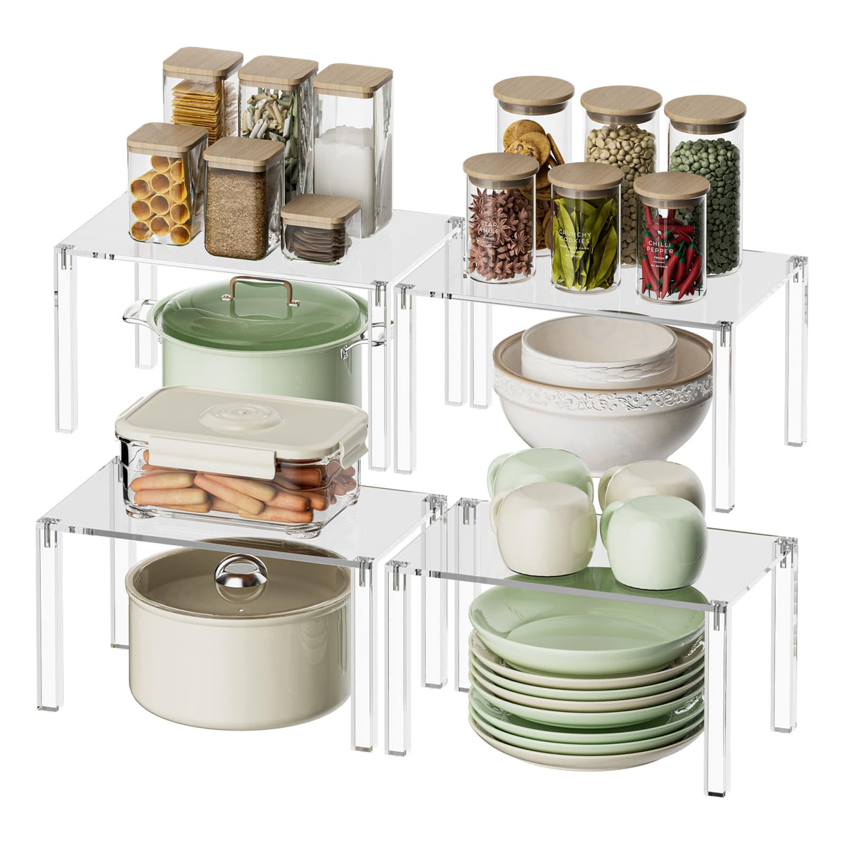YUNEASELF clear cabinet organizer 4-piece set keeps spices visible and accessible.