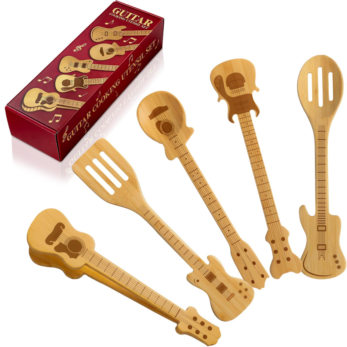 Yungyan guitar-shaped bamboo spatulas set with packaging for gifting.