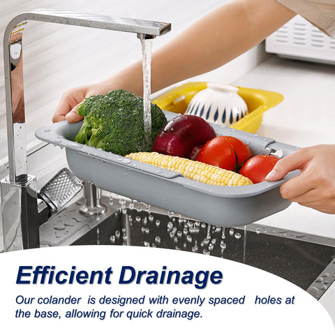 YUNKWONG extendable sink colander basket folds flat for compact counter storage.