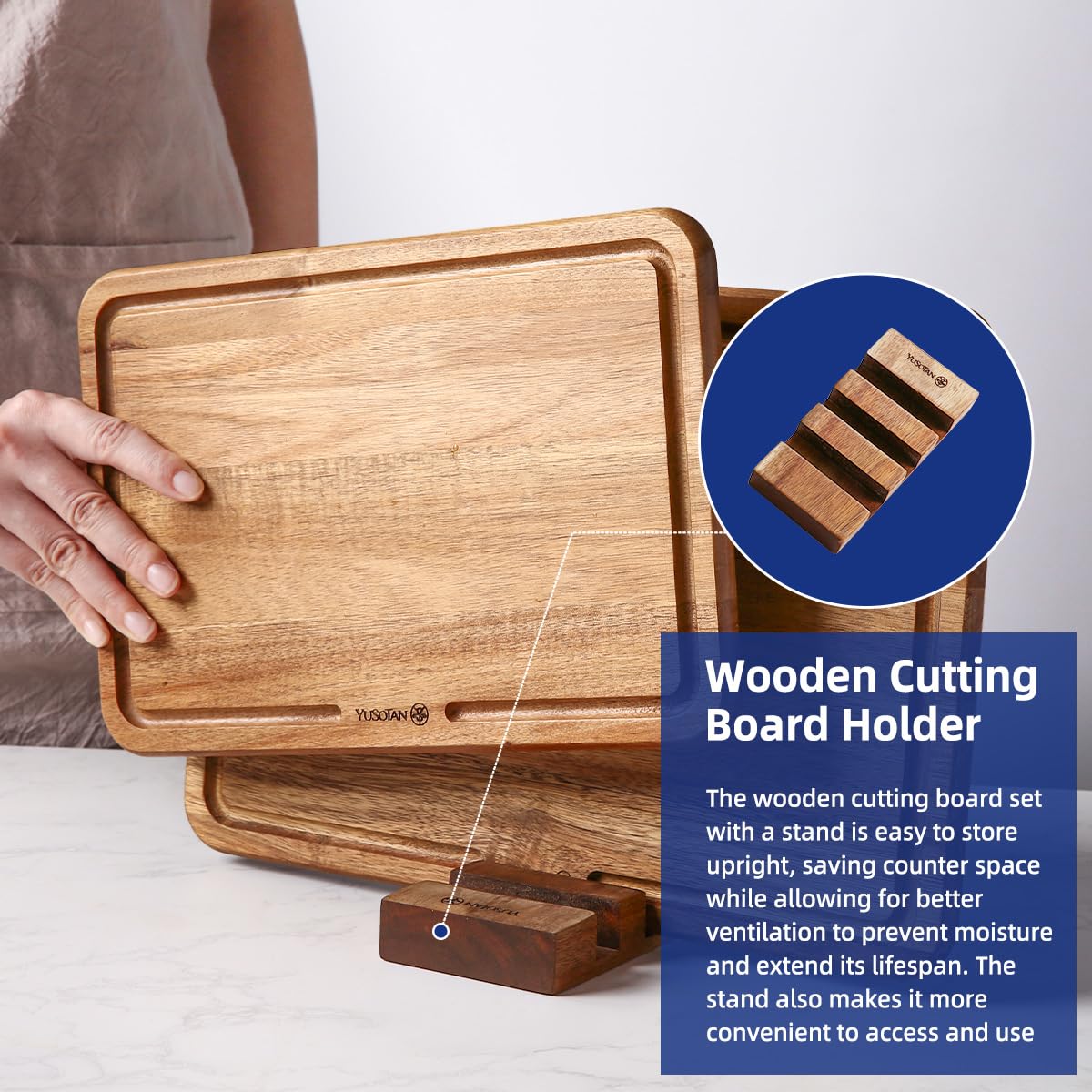 YUSOTAN 12x8 cutting board highlights warm tones for compact countertop prep.