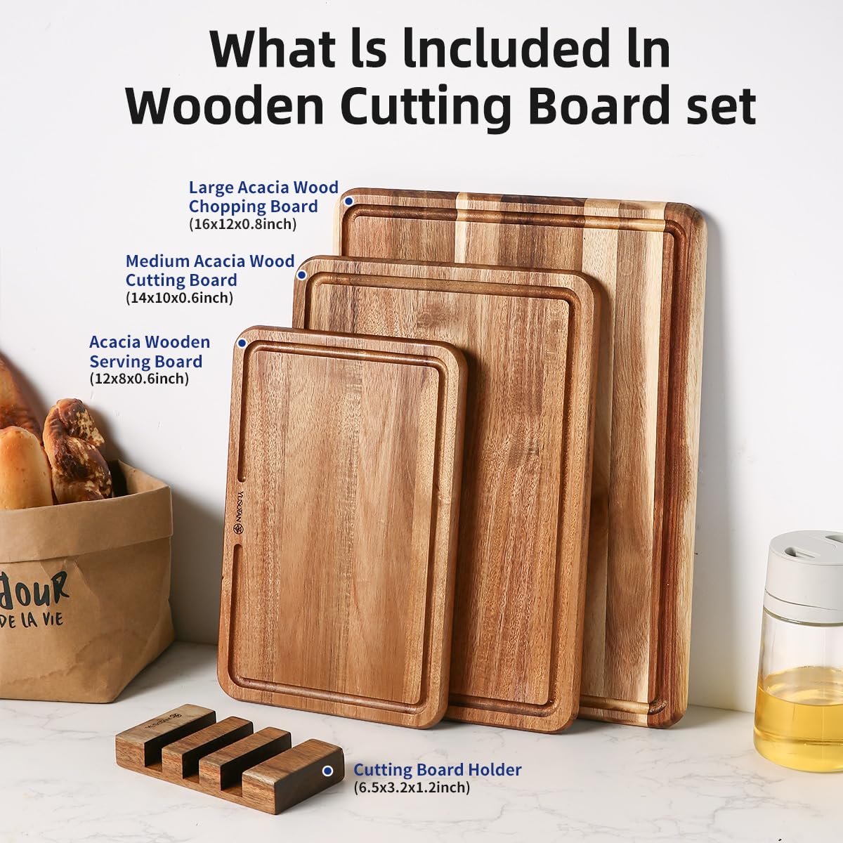 YUSOTAN acacia cutting board with deep juice groove catches liquids, prevents countertop mess.