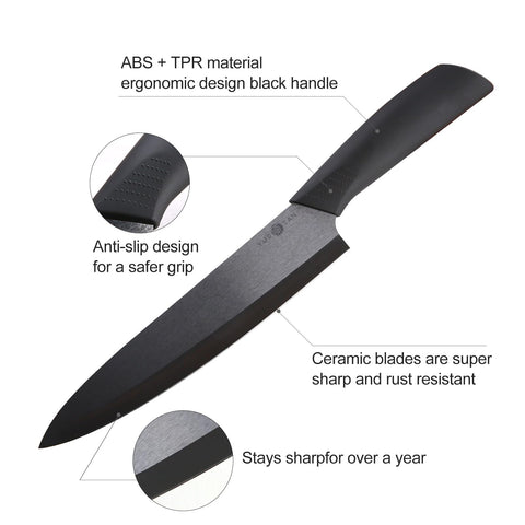 YUSOTAN ceramic knife handle close-up highlights ergonomic grip.