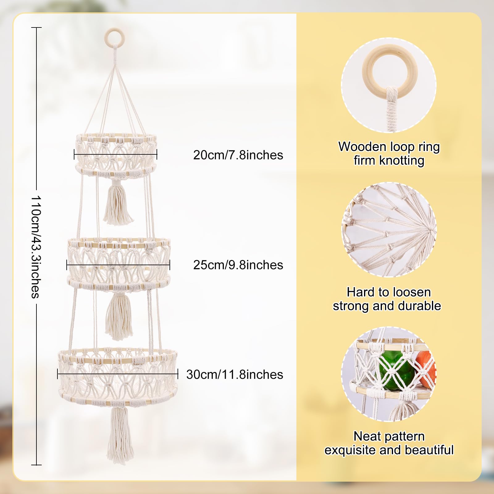 Yuuzue macrame hanging basket enhances boho kitchen decor.