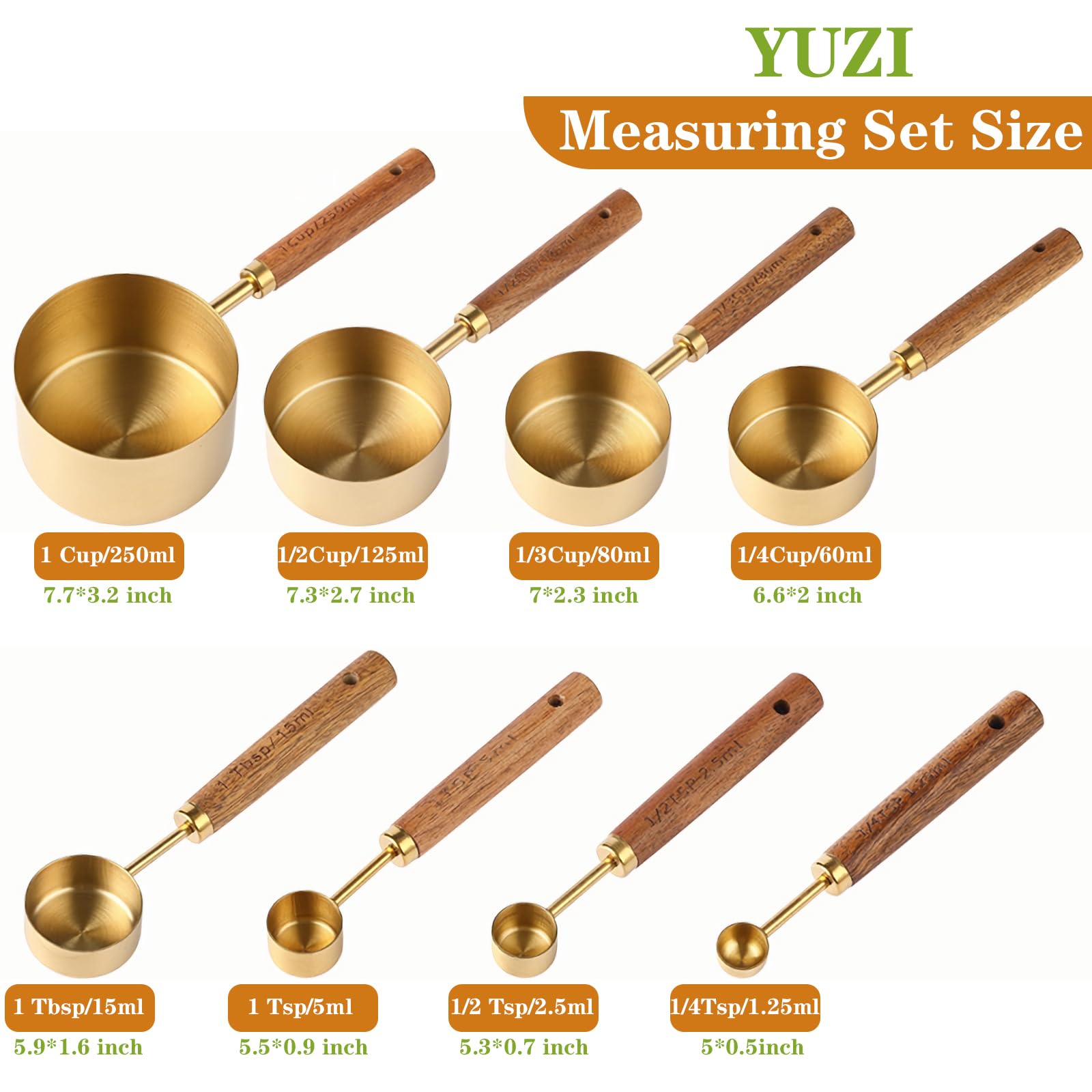 Yuzi golden measuring cup with wooden handle for precise 1 cup measurement.