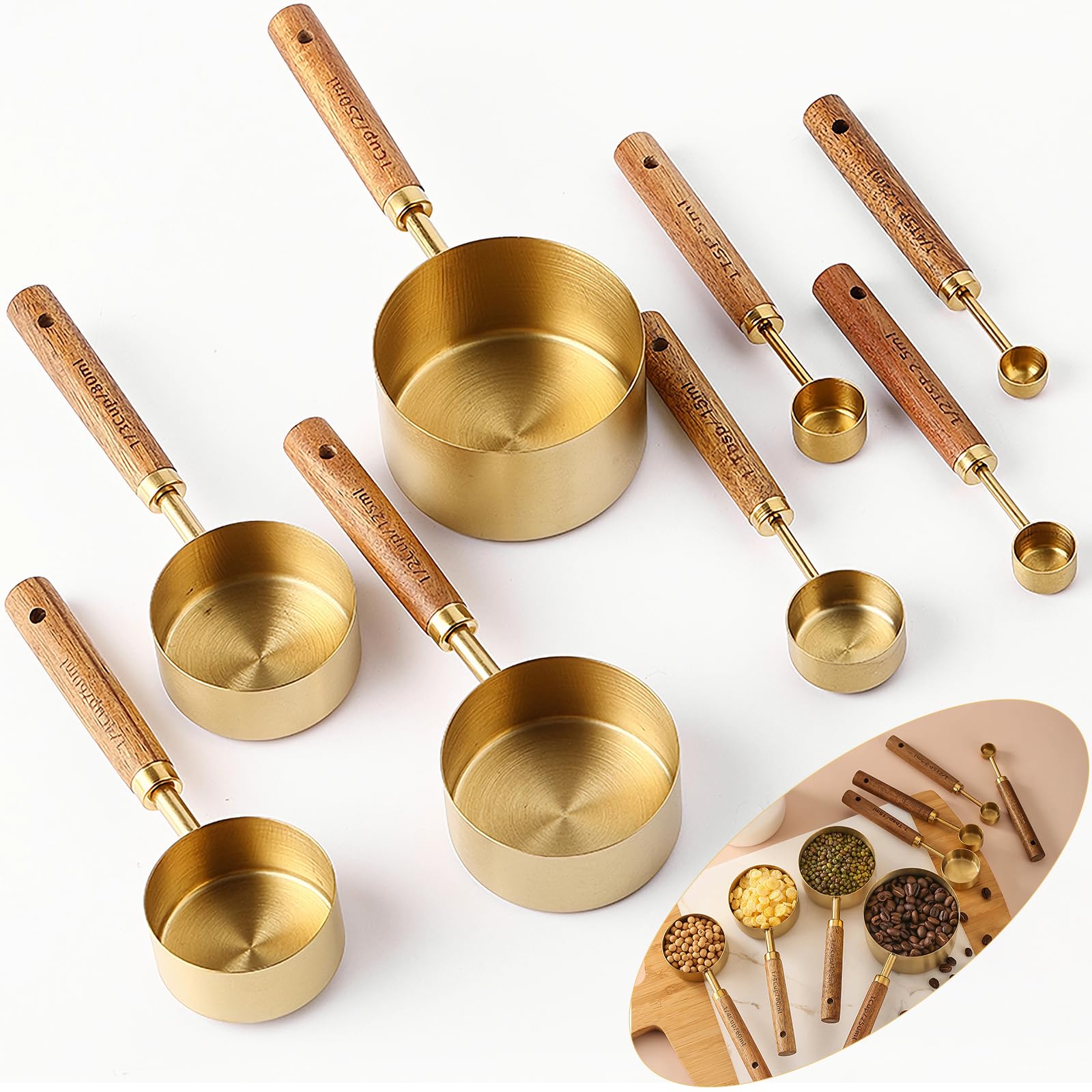 Yuzi golden measuring cups with wooden handles for precise kitchen measurements.