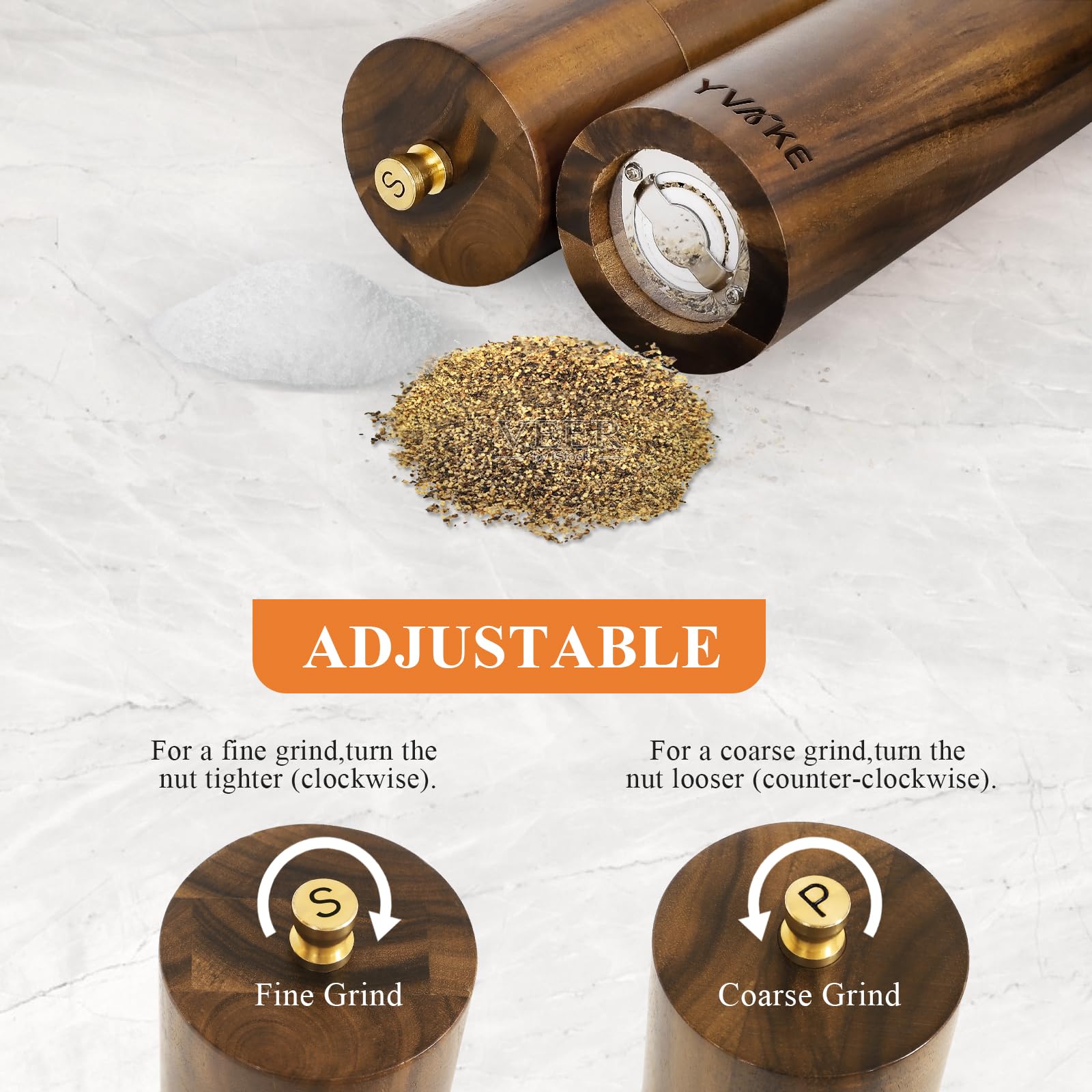 Yvake grinders with laser engraved S and P help quick, mess-free identification.