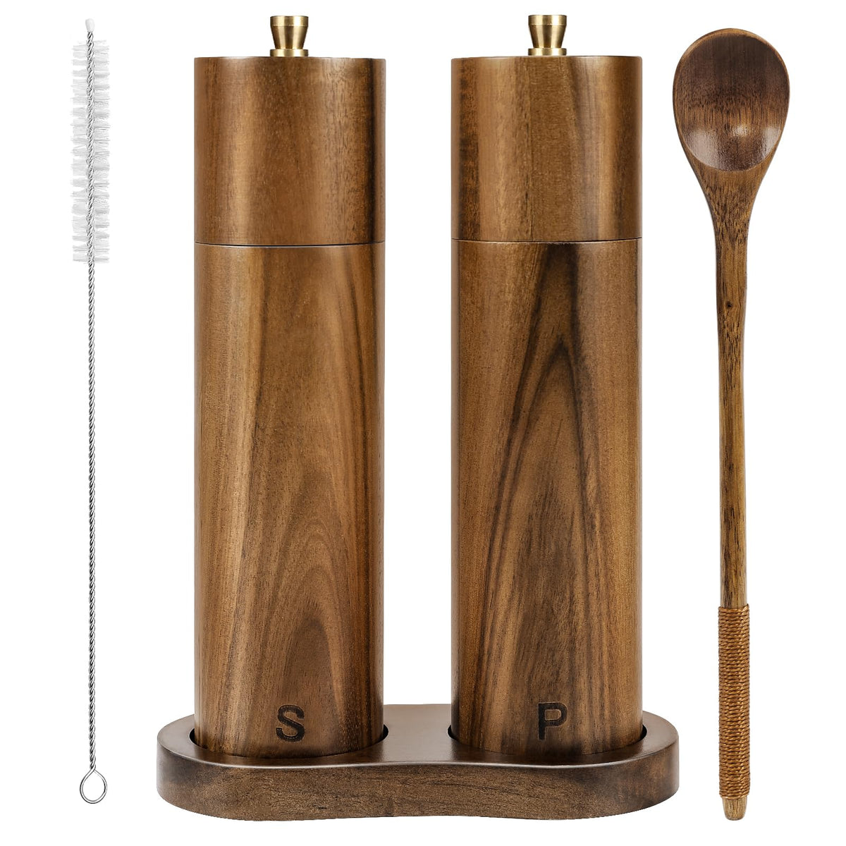 Yvake wooden salt and pepper grinder set shows adjustable coarseness for precise seasoning.
