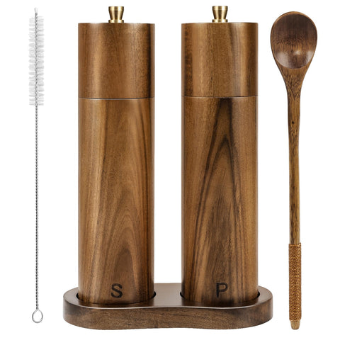 Yvake wooden salt and pepper grinder set shows adjustable coarseness for precise seasoning.