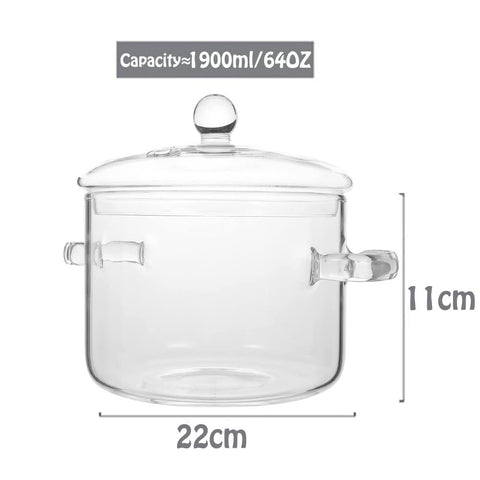 yvsay 1.6L glass saucepan with cool-to-touch handles on the side.