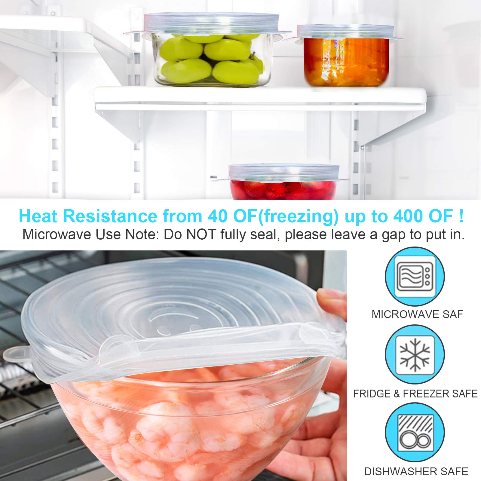 YXYL silicone lids shown as dishwasher-safe for easy cleaning