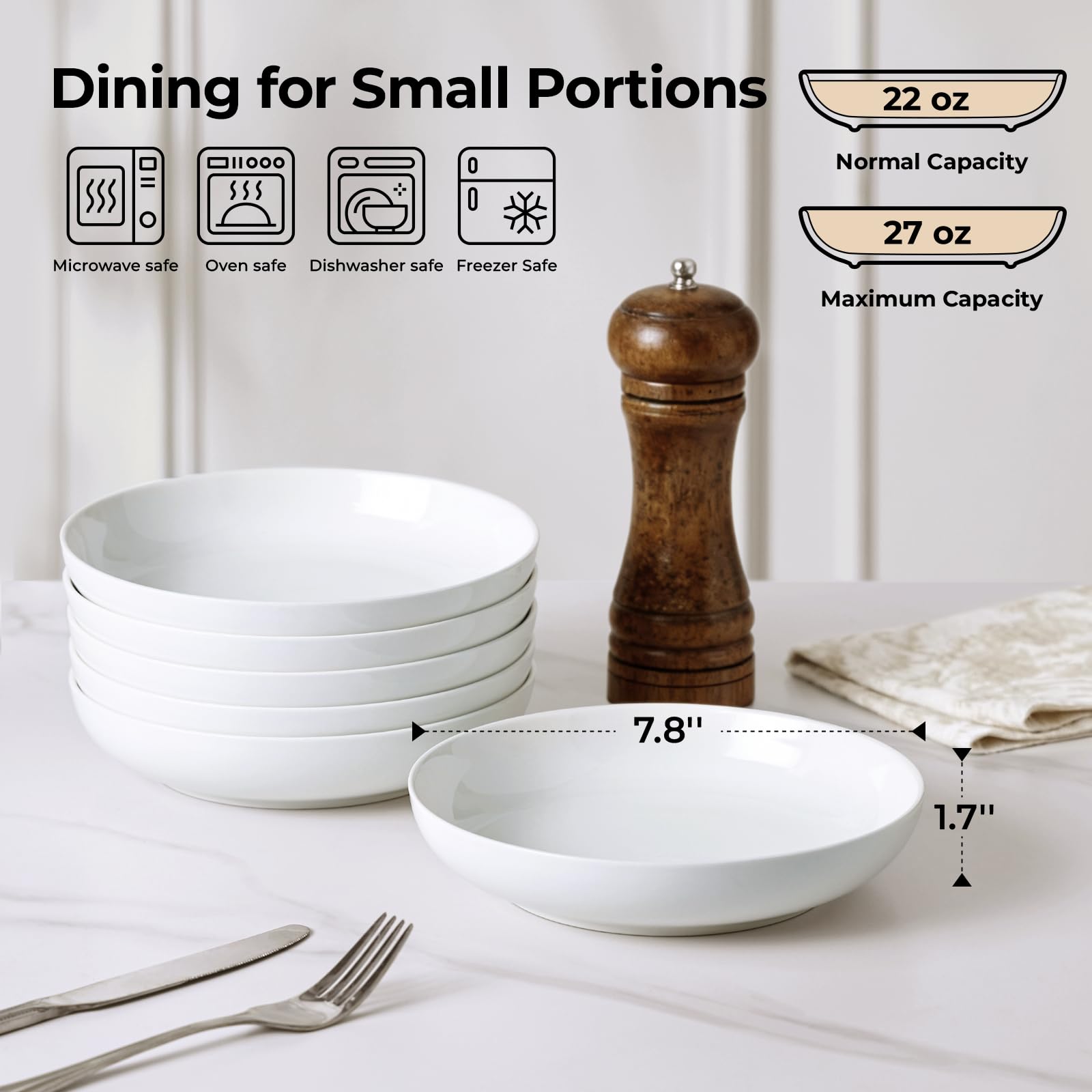 Y YHY 7.8-inch pasta bowls on dining table highlighting generous 22 oz capacity for meals
