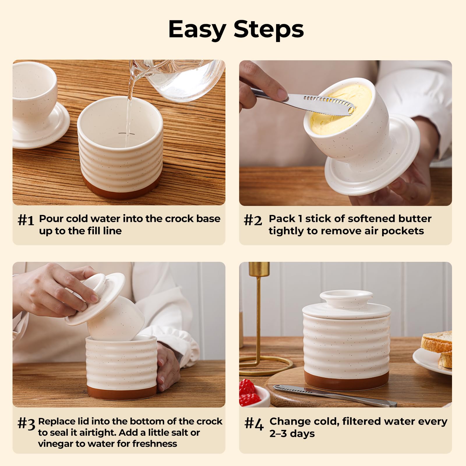Y YHY butter crock with speckled glaze adds vintage charm.