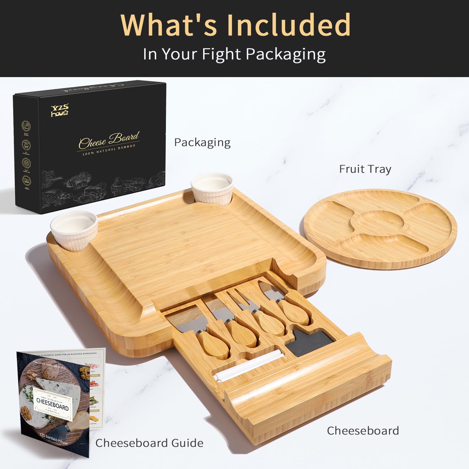 YZS Housm bamboo charcuterie board set hidden drawer stores knives neatly