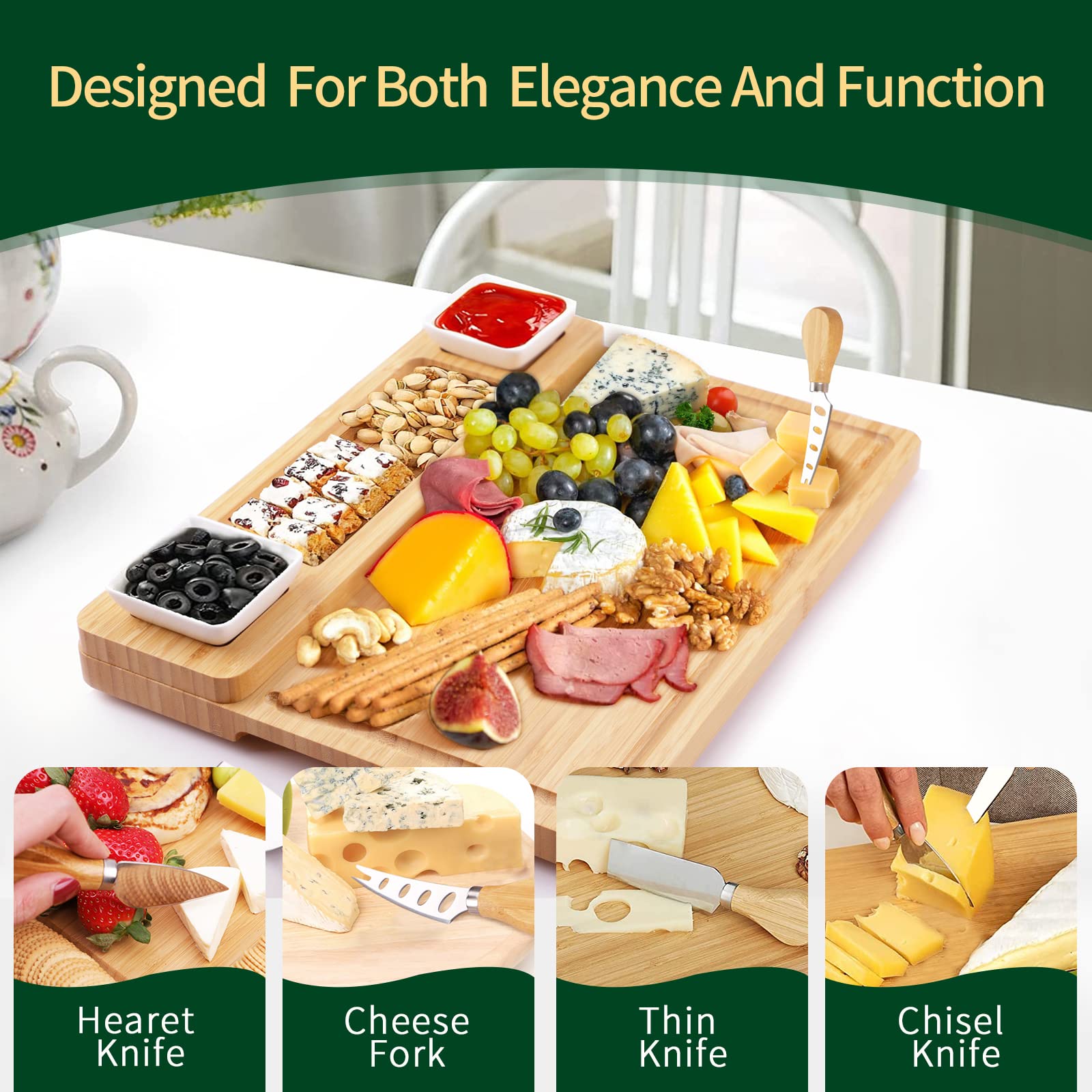 YZS Housm bamboo cheese board detail with slip-resistant base.