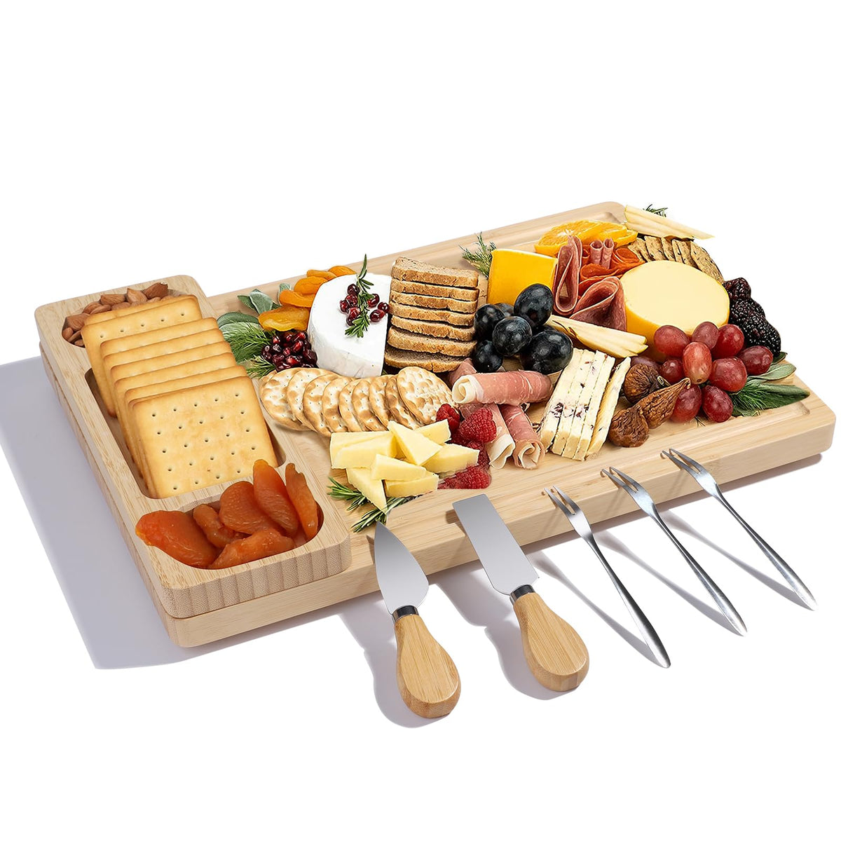 YZS Housm premium bamboo charcuterie board front view for elegant entertaining.