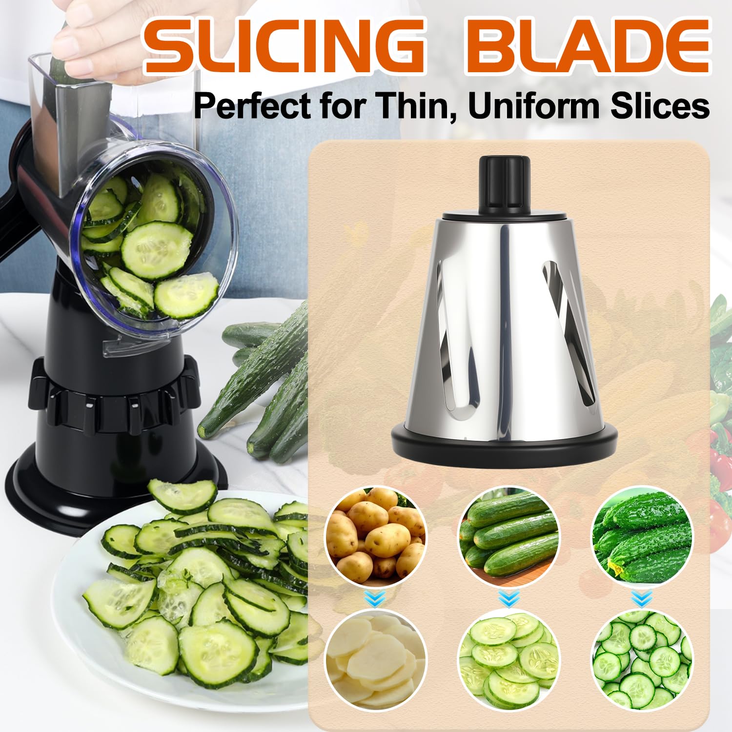 ZABINS built-in food pusher protects fingers during grating