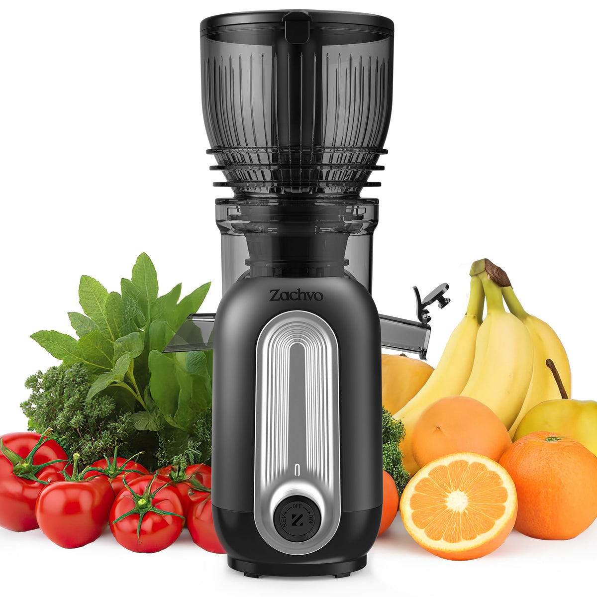 ZACHVO MP-802M juicer with wide feed chute enables whole-fruit juicing for faster prep.