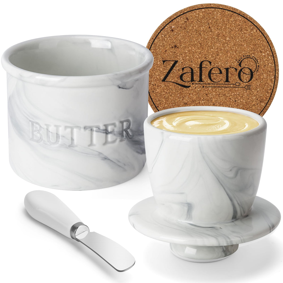 Zafero butter crock with lid keeps butter soft and fresh on countertop.