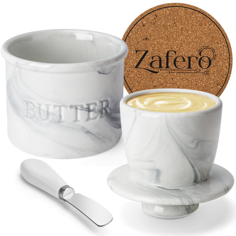Zafero butter crock with lid keeps butter soft and fresh on countertop.