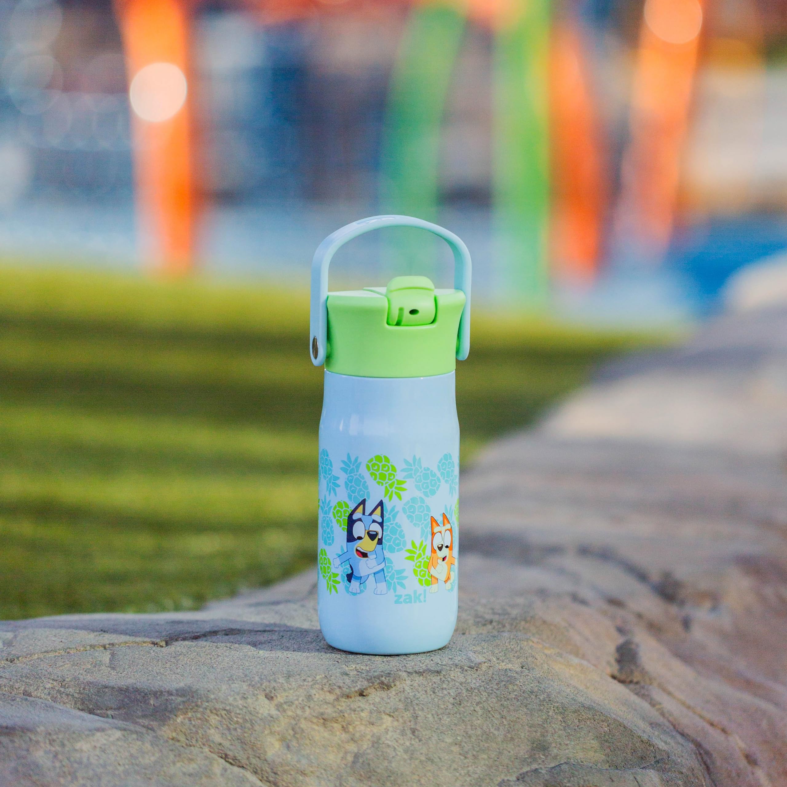 Zak Designs Harmony Bluey bottle dishwasher-safe on top rack.