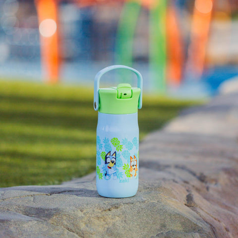 Zak Designs Harmony Bluey bottle dishwasher-safe on top rack.