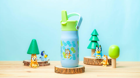 Zak Designs Harmony Bluey bottle uses recycled materials for eco-friendly hydration.
