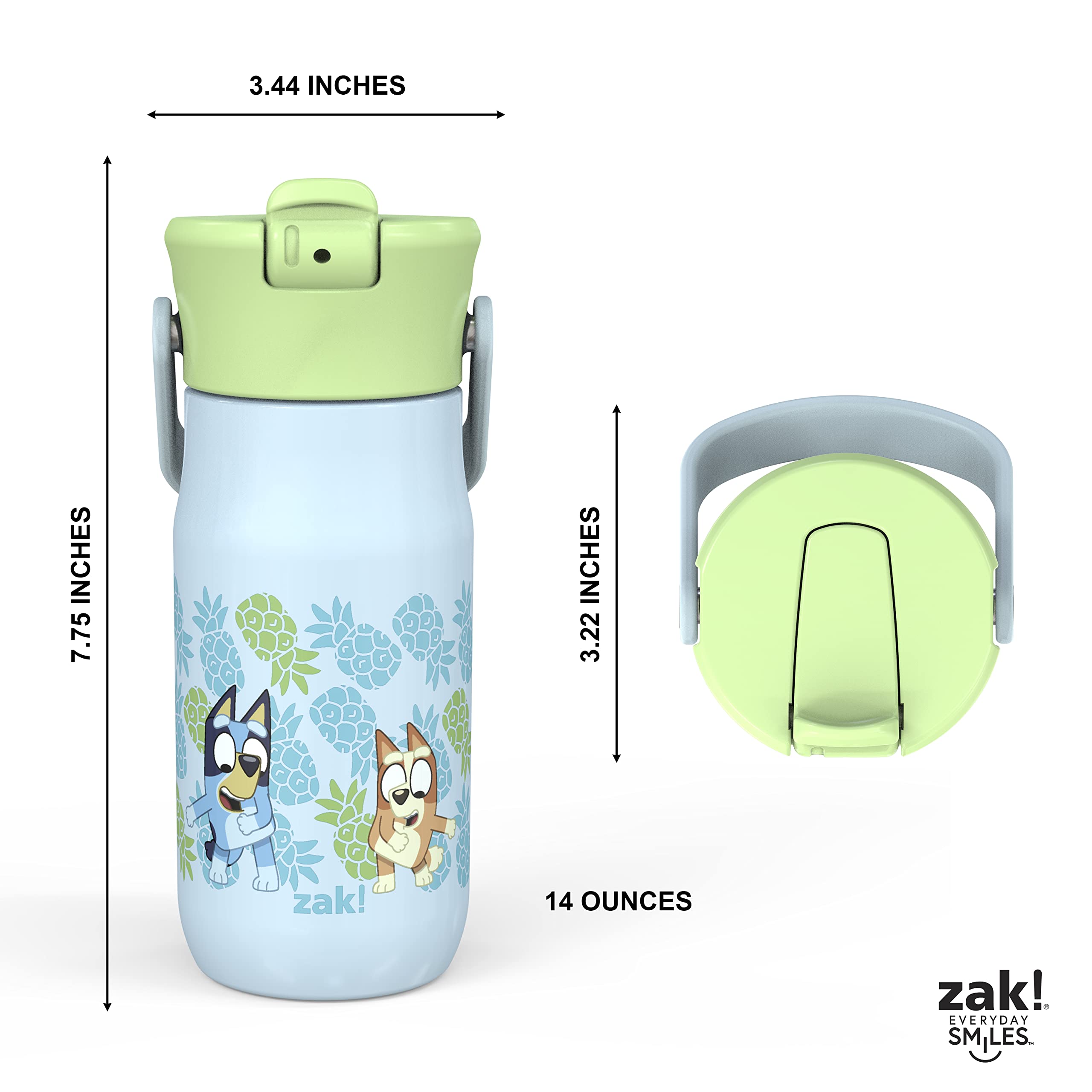Zak Designs Harmony Bluey bottle in backpack, spill-free travel companion.