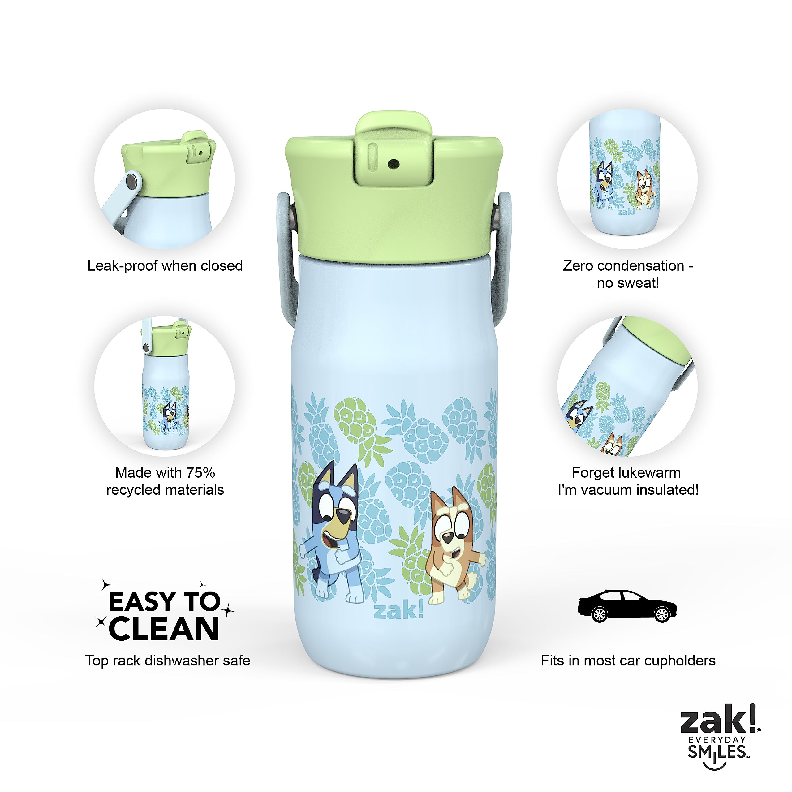 Zak Designs Harmony Bluey bottle insulated, double-wall keeps drinks cool longer.