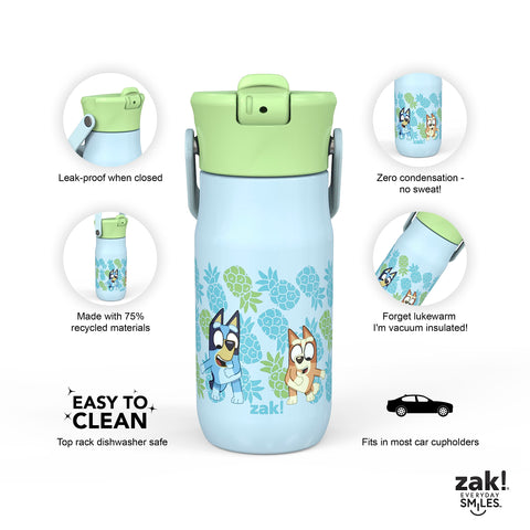 Zak Designs Harmony Bluey bottle insulated, double-wall keeps drinks cool longer.