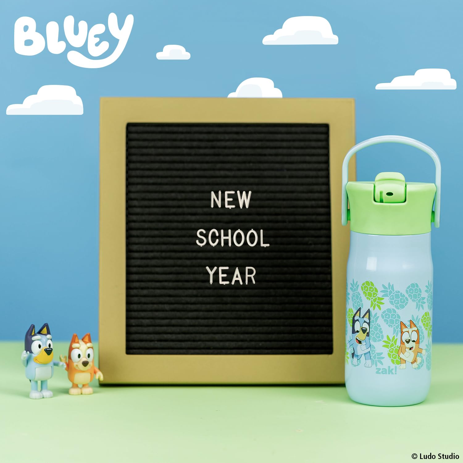 Zak Designs Harmony Bluey bottle side view, leak-proof when closed in bags.