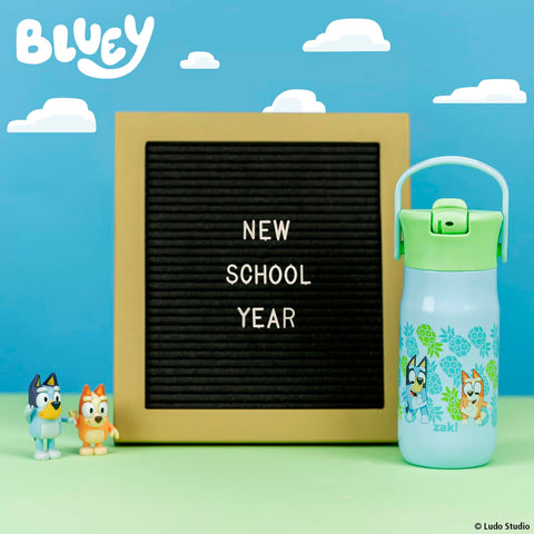 Zak Designs Harmony Bluey bottle side view, leak-proof when closed in bags.