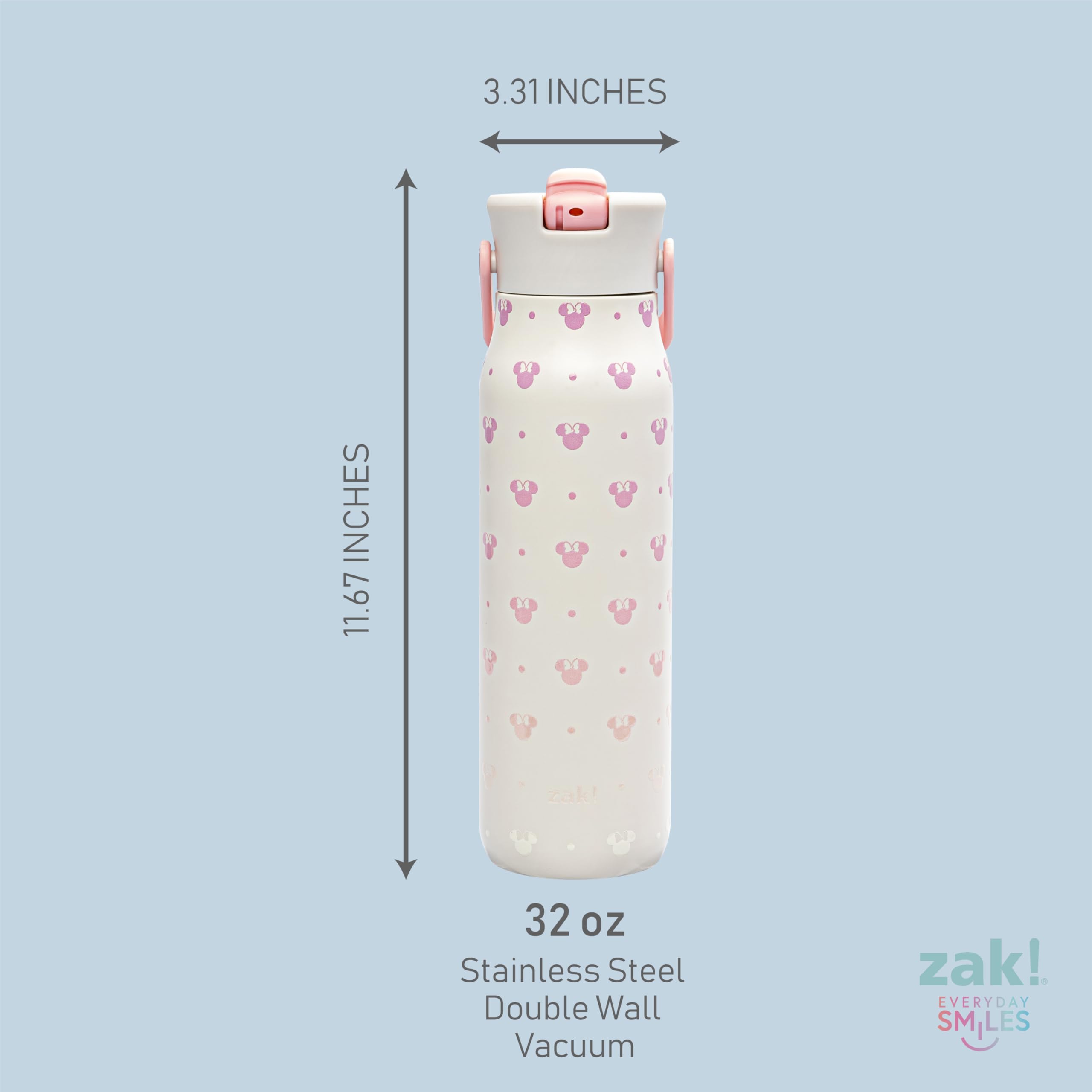 Zak Designs Minnie Mouse Harmony bottle is top rack dishwasher safe for easy cleanup.