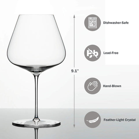 Zalto Denk'Art Burgundy red wine glass bowl design enhances aroma and flavor.